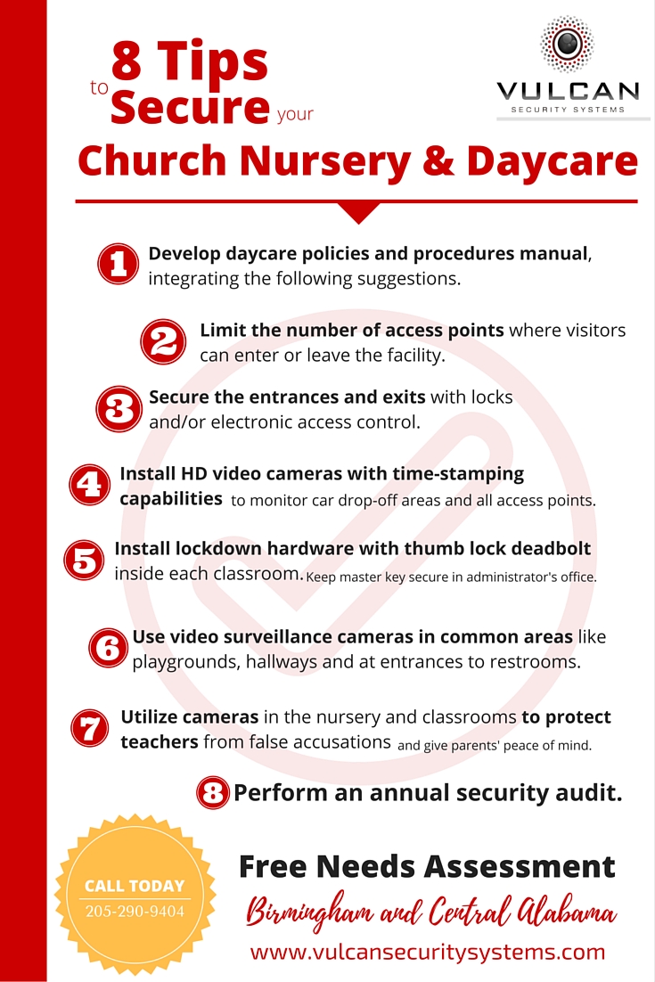 8 Tips for Securing Your Church Nursery and Daycare Center from Vulcan Security Systems in Birmingham, Alabama. Proactive video surveillance systems for churches and private schools across Central and North Central Alabama