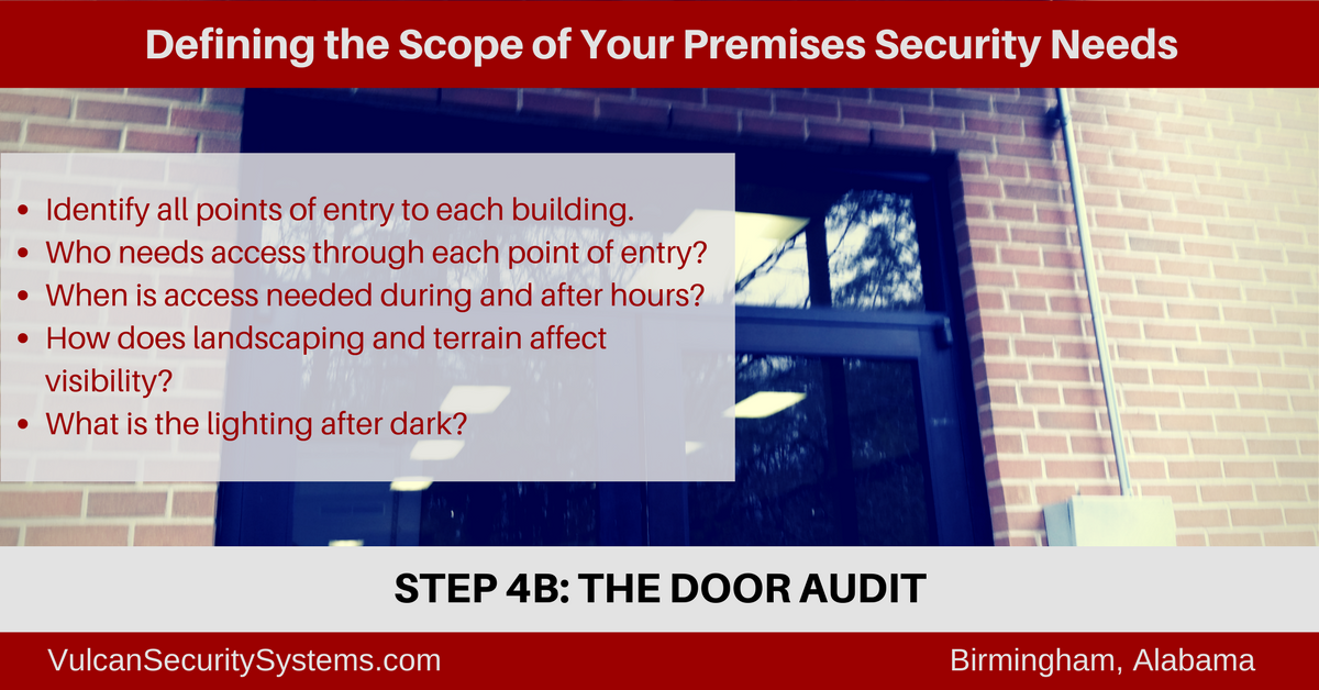 A door audit is a necessary step in defining the scope of your physical campus security needs. Our free guide provides details. Visit http://www.vulcansecuritysystems.com/define-scope-premises-security-system/