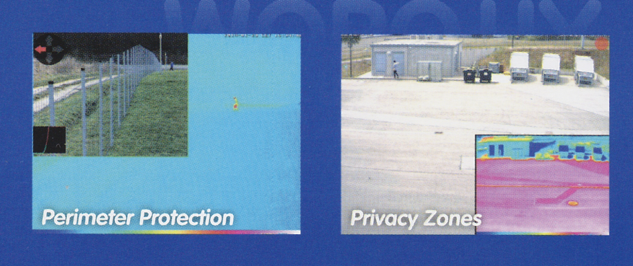 Screen shot of thermal image from Mobotix 6MP Dual Thermal Camera showing image of thermal radiography in Perimeter Protection(image of perimeter fence) and Privacy Zones (image of parking lot and exterior of building) applications - Mobotix Corporation - Vulcan Security Systems Birmingham Alabama