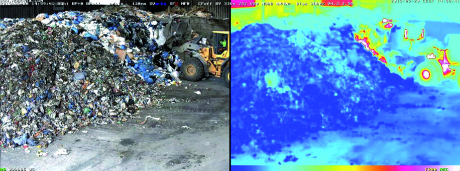 Mobotix Thermal Camera deployed at recycling facility scrap yard showing visual image compared to thermal image captured using thermal radiometry to illustrate hot spot in pile of waste materials. Photo courtesy of Mobotix AG, used with permission by Vulcan Security Systems LLC, Birmingham, Alabama