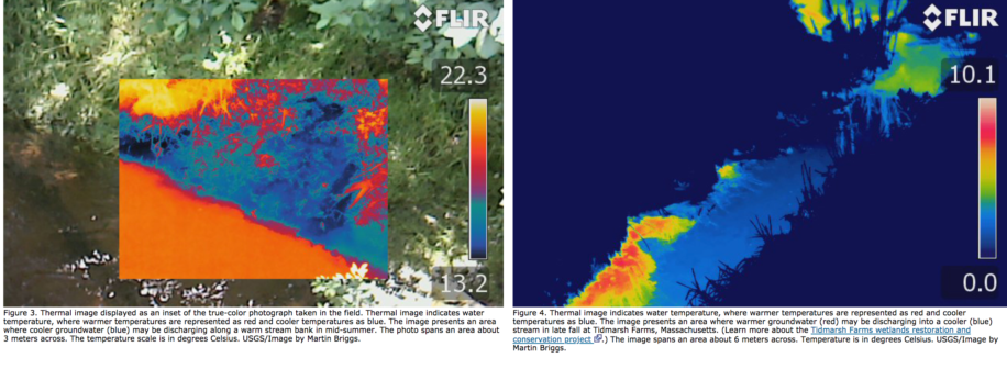 Thermal images showing water temperature variation from discharges: Credit: U.S. Geological Survey Department of the Interior/USGS U.S. Geological Survey/photo by Martin Briggs Image taken from Screenshot from: https://water.usgs.gov/ogw/bgas/thermal-cam/ 