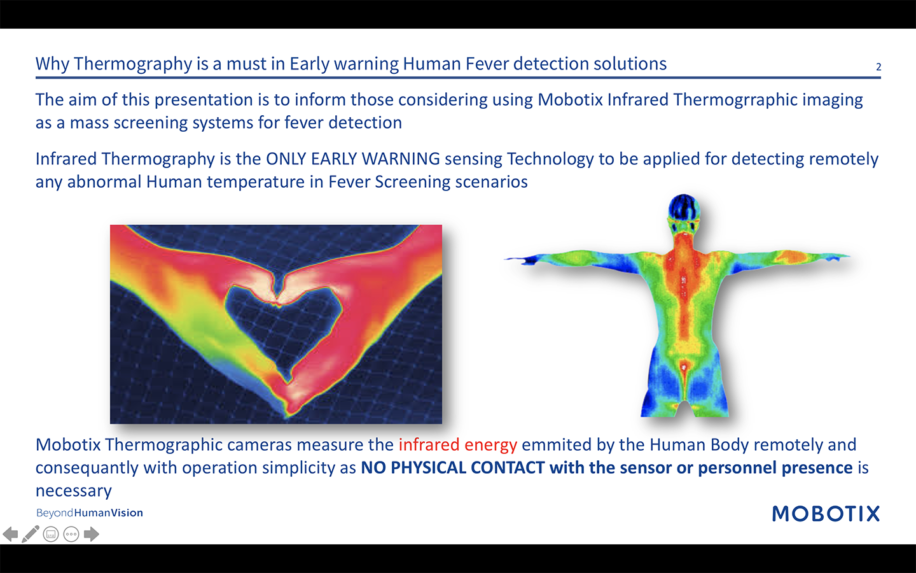 Mobotix presentation slide demonstrating thermal imaging as a mass screening technology to remotely detect fever.