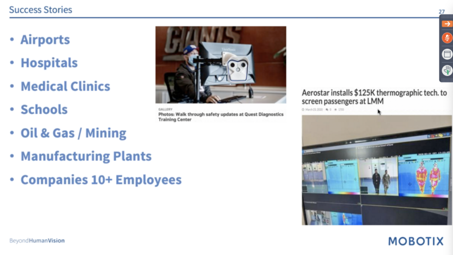 Mobotix thermal camera success stories include hospitals, medical clinics. Image of walk through safety screening site at Quest Diagnostics Training Center.