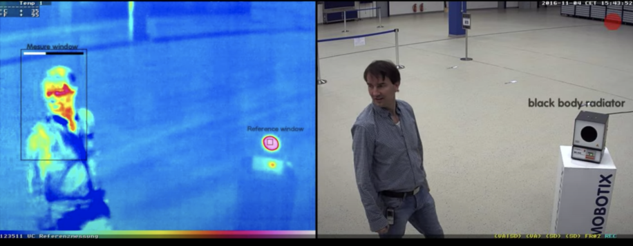 Mobotix Thermal Camera demo image showing dual screen, thermal and optical view, with black body radiator for reference.