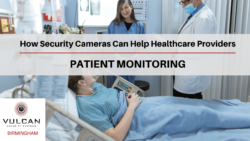 How Security Cameras Can Help Healthcare Providers: Patient Monitoring: Vulcan Security Systems Birmingham, AL: Hospital patient lying in bed, female healthcare professional and male healthcare professional are standing at bedside talking to the patient in hospital room.