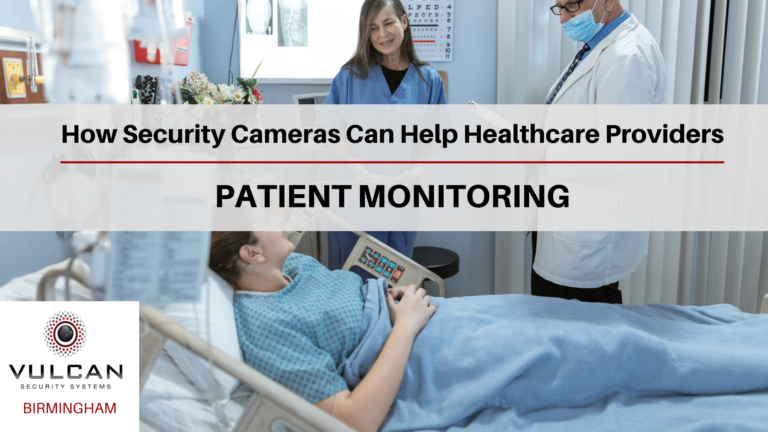 How Security Cameras Can Help Healthcare Providers: Patient Monitoring: Vulcan Security Systems Birmingham, AL: Hospital patient lying in bed, female healthcare professional and male healthcare professional are standing at bedside talking to the patient in hospital room.