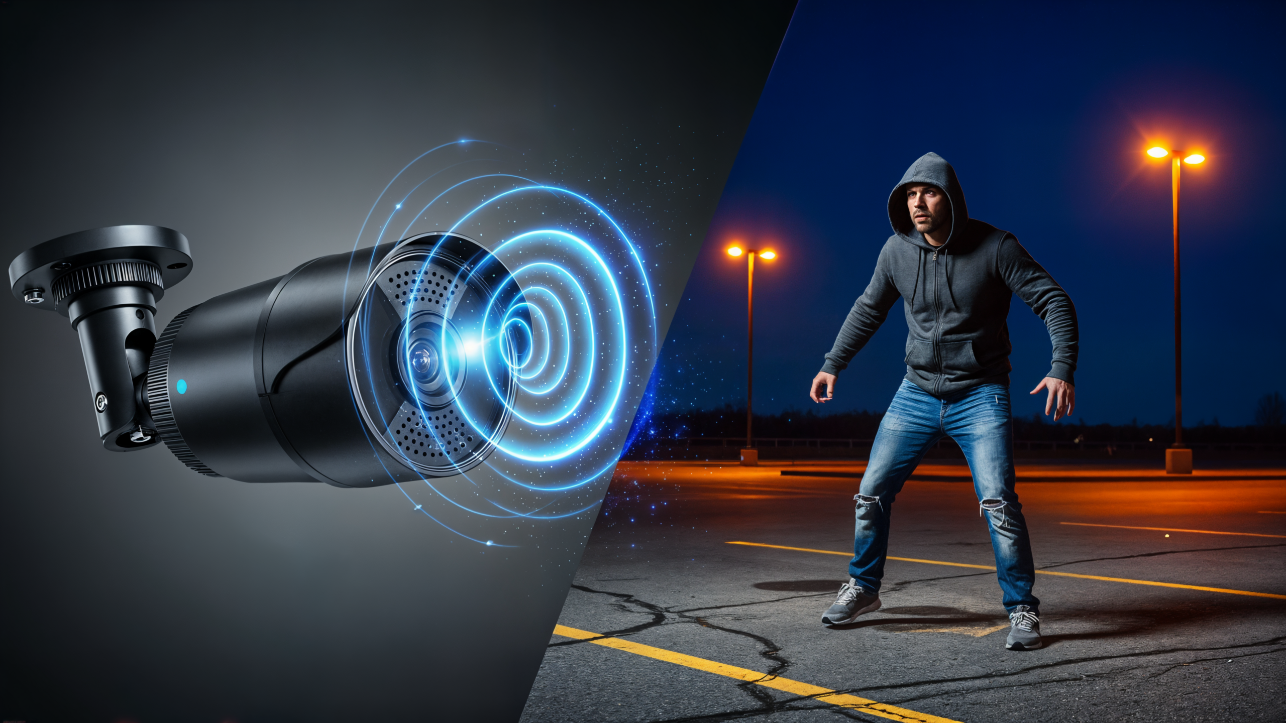 A commercial security camera using two-way audio to communicate with an individual on-site.