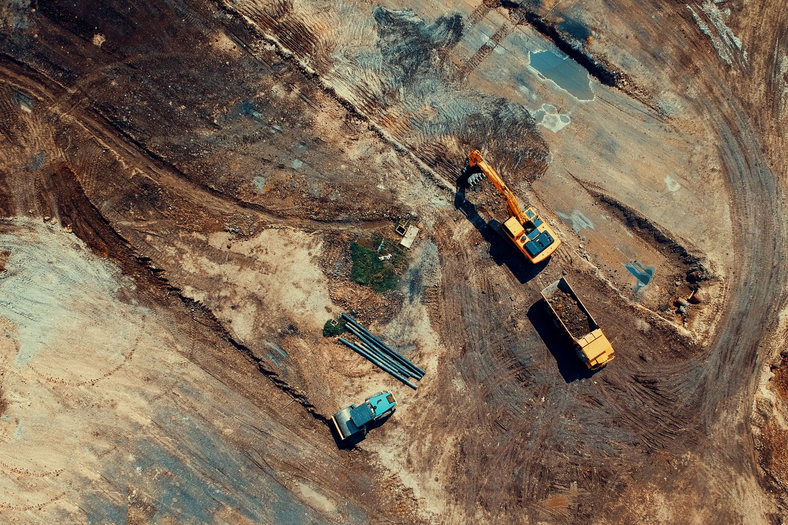 Aerial view of heavy equipment at a construction site