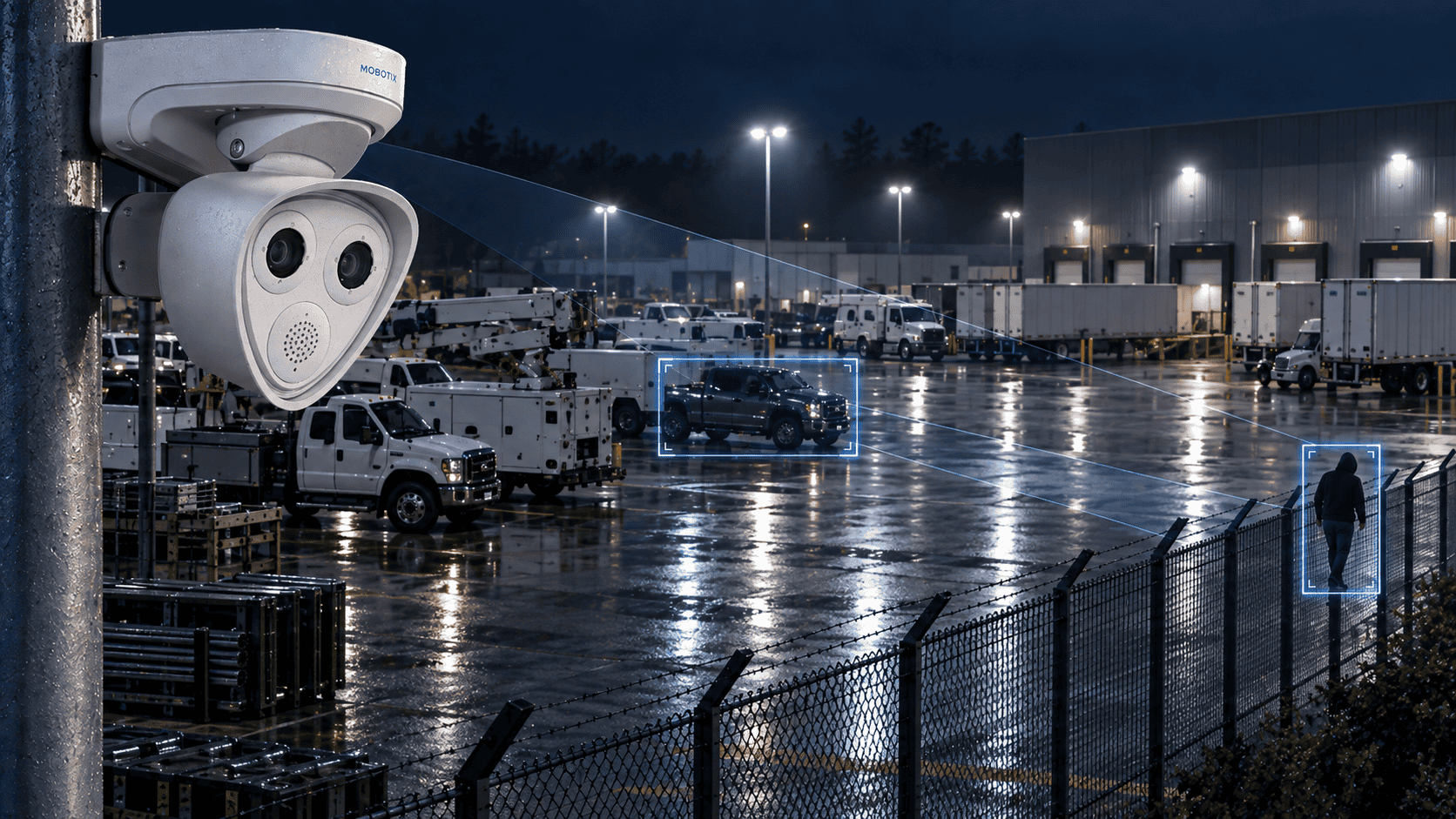 24/7 industrial vehicle lot AI security cameras